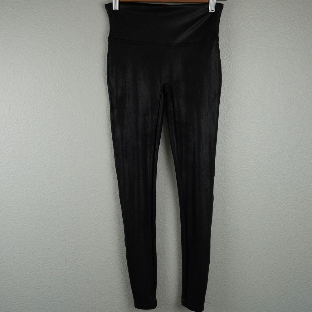 SPANX Faux Leather Leggings Black Small High Waist Shiny Wet Look